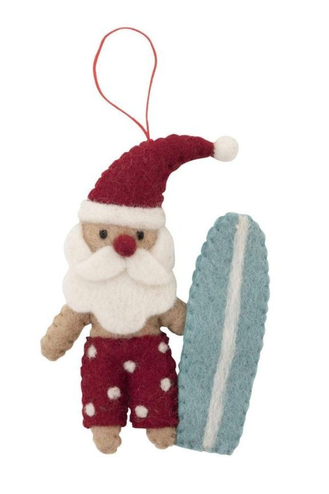 Pashom Santa with red shorts & blue surfboard