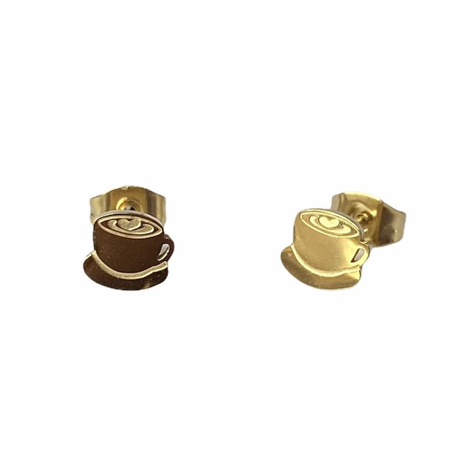 Coffee Cup Earring Studs - Silver & Gold