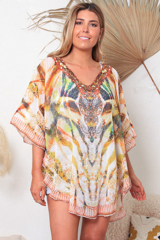 Bohemian Kaftan - Orange & Yellow  Sheer Chiffon style fabric